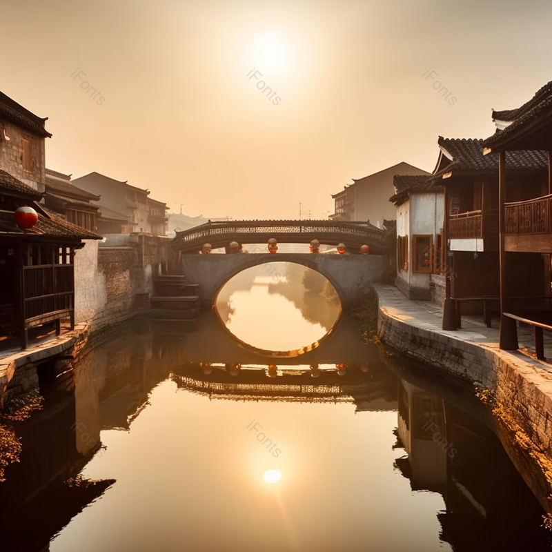 夕阳下的古镇拱桥建筑背景,高清,摄影图,摄影图片,图片大全,摄影图免费下载